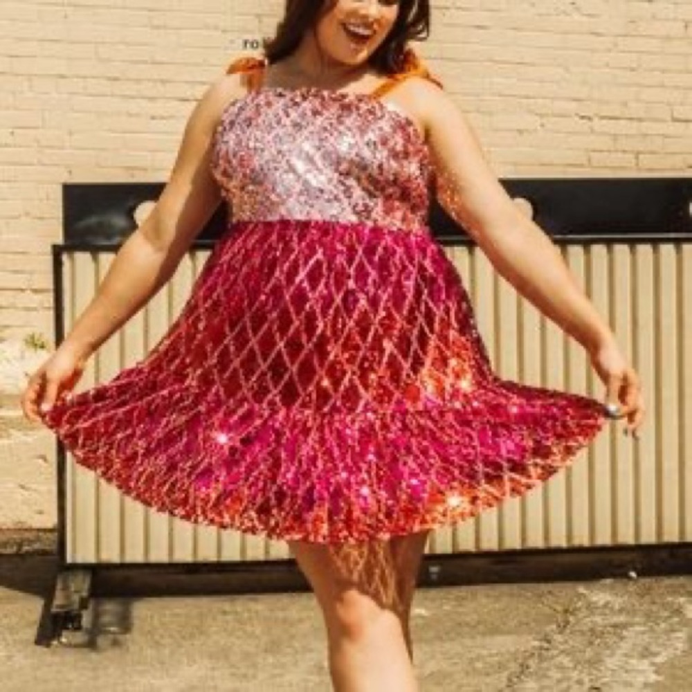 Queen of Sparkles Pink and Orange Sequin Tie Sleeve Mini Dress